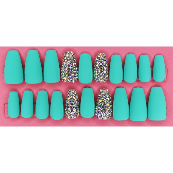 Mint Condition Bling Medium Coffin Matte Press On Nails Long - Picture 1 of 1